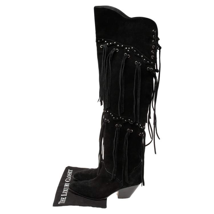 Pre Owned Giuseppe Zanotti Black Suede Lace Up Cowboy Over The Knee Boots Size 39.5