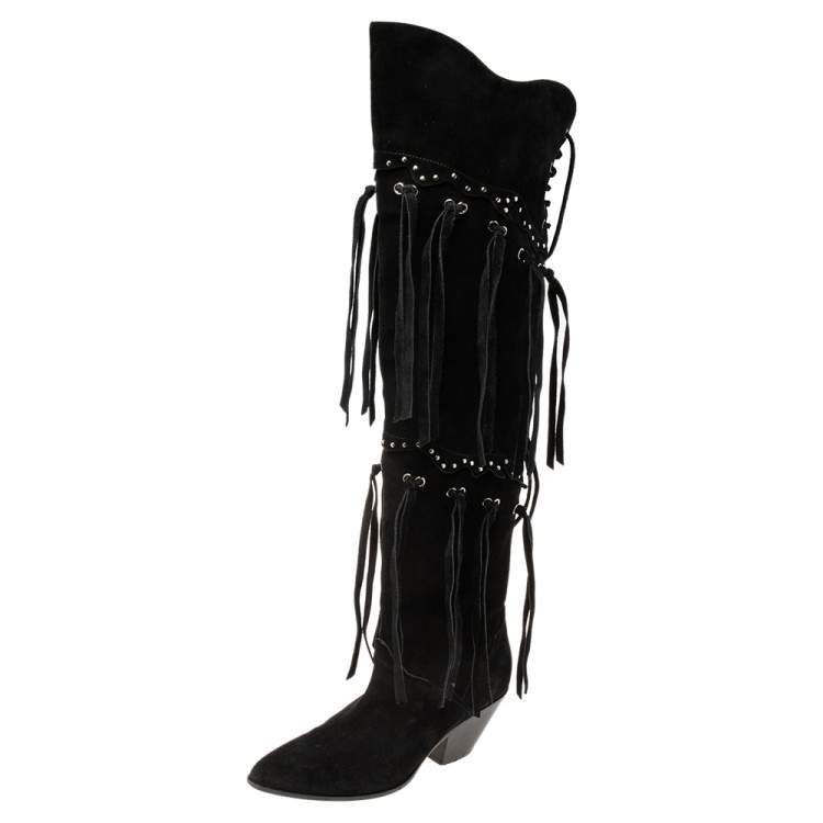 Pre Owned Giuseppe Zanotti Black Suede Lace Up Cowboy Over The Knee Boots Size 39.5