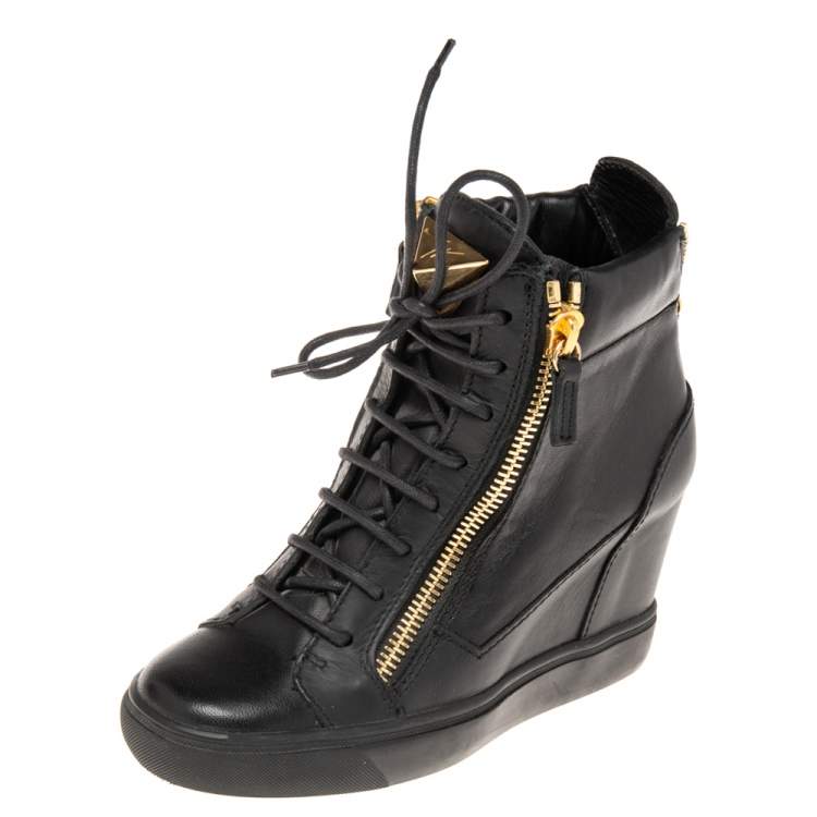Pre Owned Giuseppe Zanotti Black Leather Double Zip Wedge Sneakers Size 37