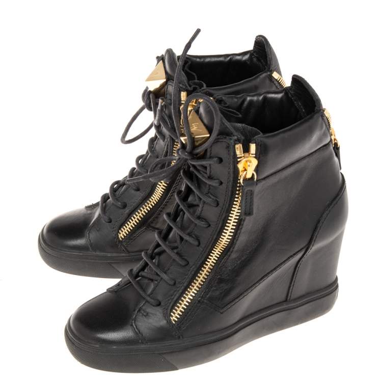 Pre Owned Giuseppe Zanotti Black Leather Double Zip Wedge Sneakers Size 37
