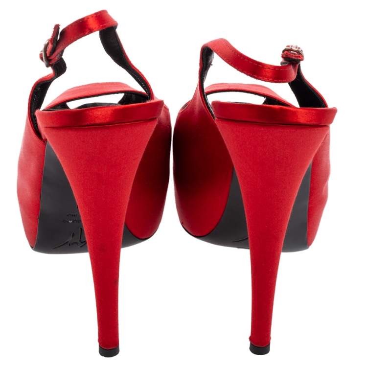Pre Owned Giuseppe Zanotti Red Satin  Peep Toe Slingback Pumps Size 41