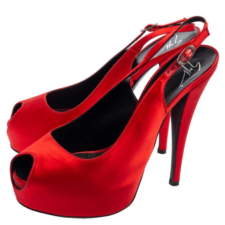 Pre Owned Giuseppe Zanotti Red Satin  Peep Toe Slingback Pumps Size 41
