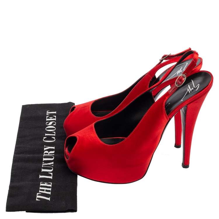 Pre Owned Giuseppe Zanotti Red Satin  Peep Toe Slingback Pumps Size 41