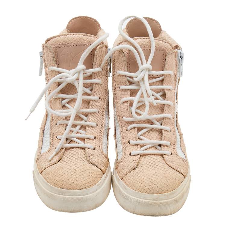 Pre Owned Giuseppe Zanotti Peach Python Embossed Leather High Top Sneakers Size 36