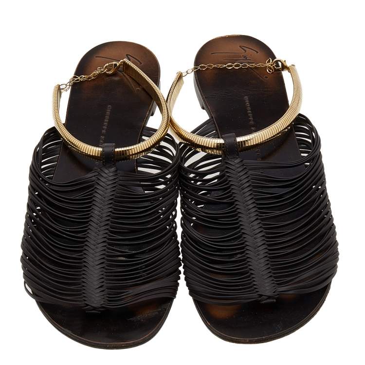 Pre Owned Giuseppe Zanotti Dark Brown Leather Strappy Flat Sandals Size 38