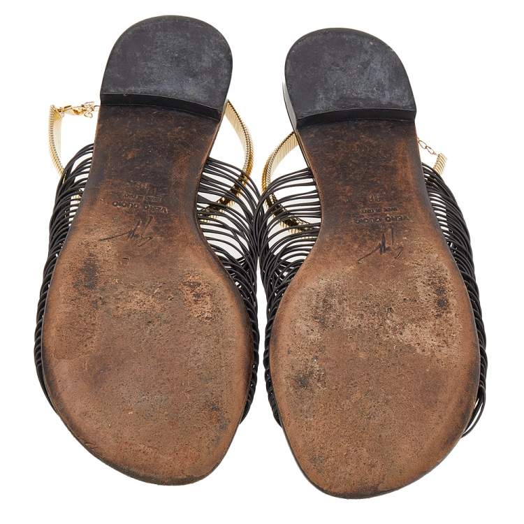 Pre Owned Giuseppe Zanotti Dark Brown Leather Strappy Flat Sandals Size 38