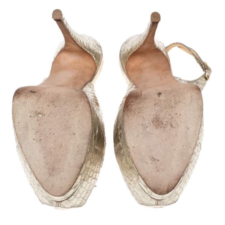 Pre Owned Giuseppe Zanotti Gold Python Embossed Leather Peep-Toe Slingback Pumps Size 38