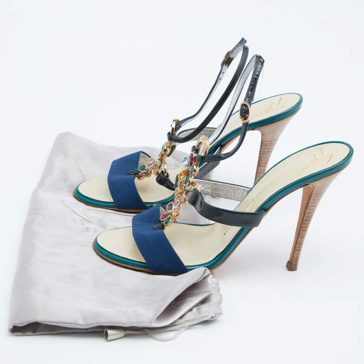 Pre Owned Giuseppe Zanotti Multicolor Patent Leather Crystal Embellished Slingback Sandals Size 37.5