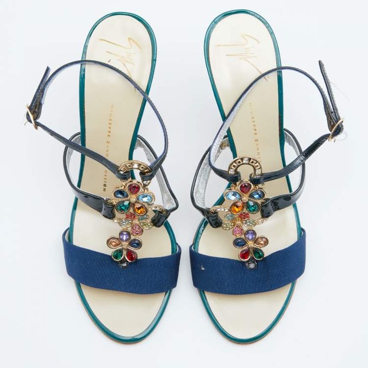 Pre Owned Giuseppe Zanotti Multicolor Patent Leather Crystal Embellished Slingback Sandals Size 37.5