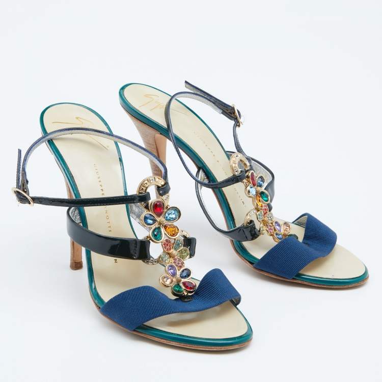 Pre Owned Giuseppe Zanotti Multicolor Patent Leather Crystal Embellished Slingback Sandals Size 37.5