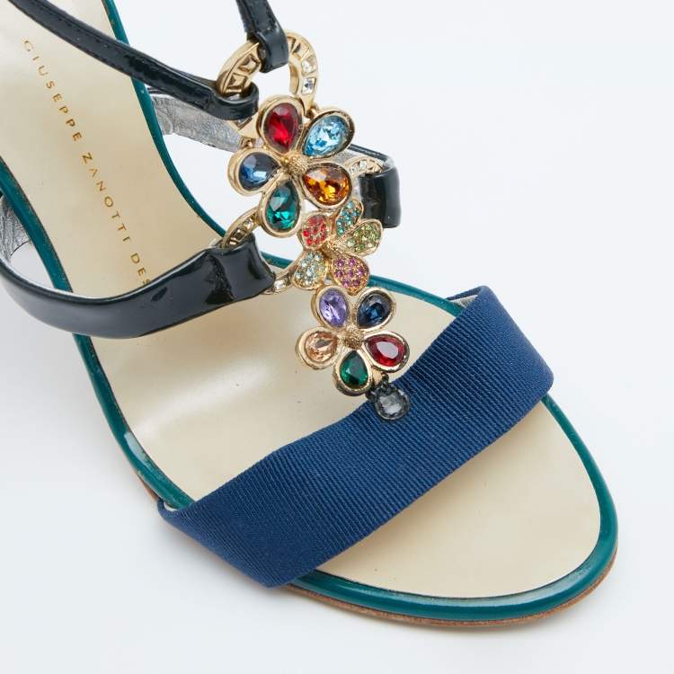 Pre Owned Giuseppe Zanotti Multicolor Patent Leather Crystal Embellished Slingback Sandals Size 37.5