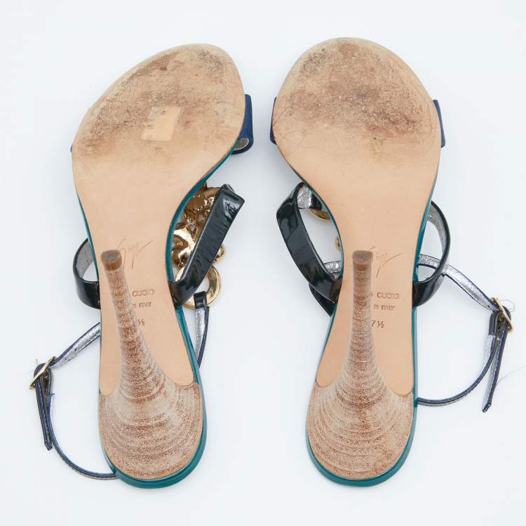 Pre Owned Giuseppe Zanotti Multicolor Patent Leather Crystal Embellished Slingback Sandals Size 37.5