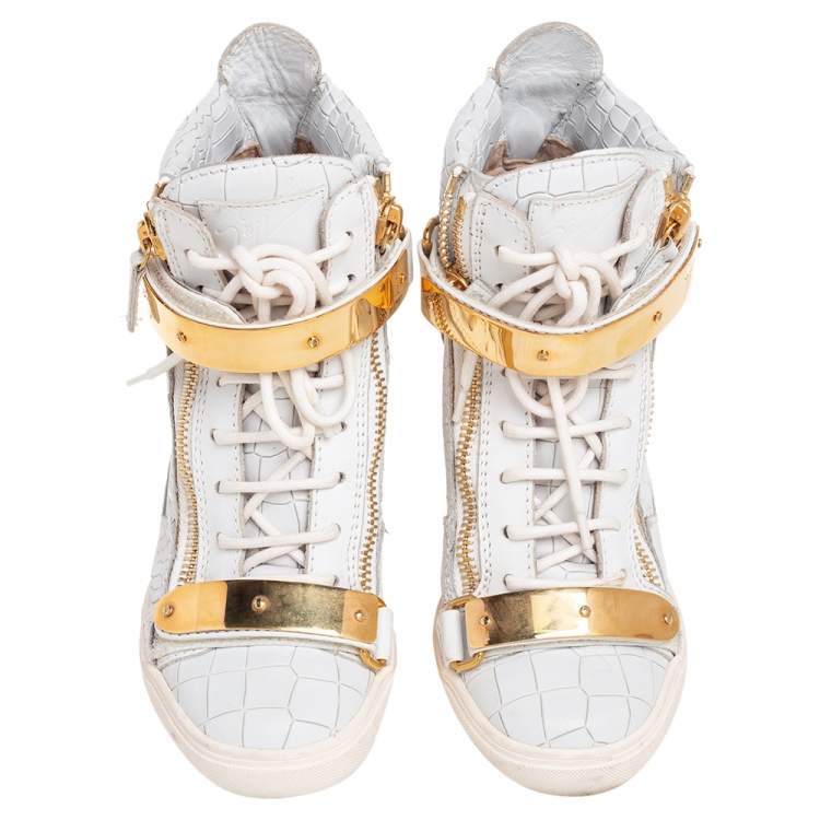 Pre Owned Giuseppe Zanotti Grey Croc Embossed Leather High Top Wedge Sneakers Size 37