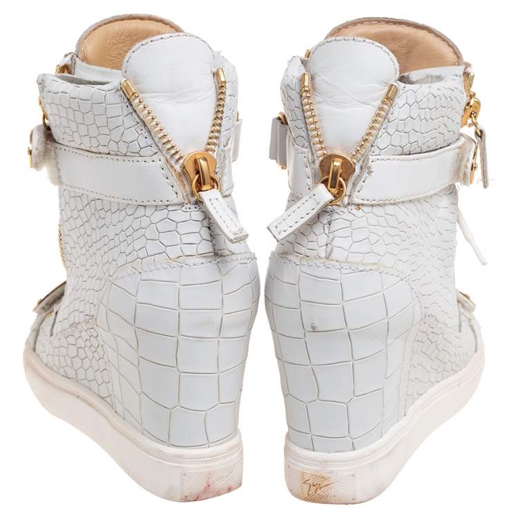Pre Owned Giuseppe Zanotti Grey Croc Embossed Leather High Top Wedge Sneakers Size 37