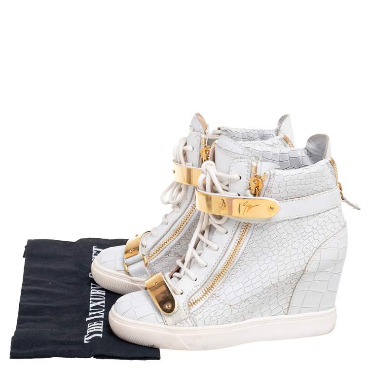 Pre Owned Giuseppe Zanotti Grey Croc Embossed Leather High Top Wedge Sneakers Size 37