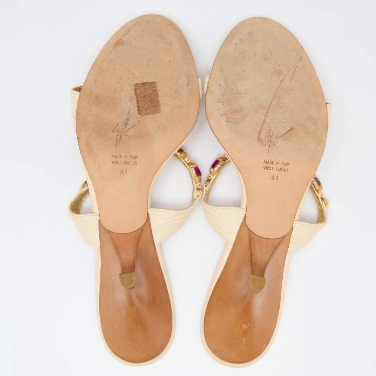 Pre Owned Giuseppe Zanotti Cream Lizard Embossed Leather Embellished Slide Sandals Size 41