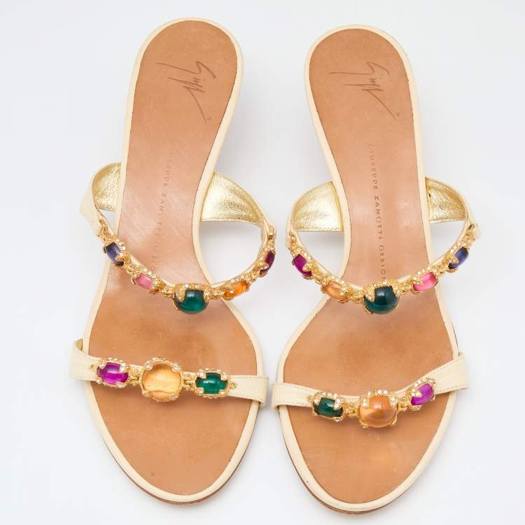 Pre Owned Giuseppe Zanotti Cream Lizard Embossed Leather Embellished Slide Sandals Size 41