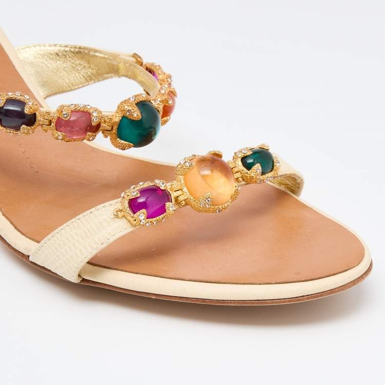 Pre Owned Giuseppe Zanotti Cream Lizard Embossed Leather Embellished Slide Sandals Size 41