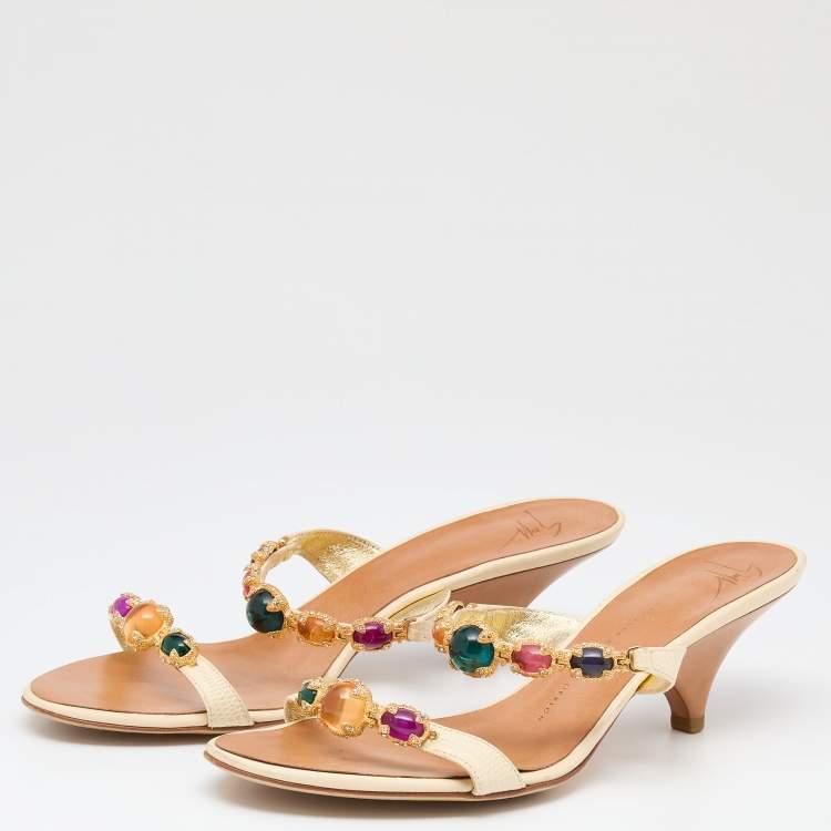 Pre Owned Giuseppe Zanotti Cream Lizard Embossed Leather Embellished Slide Sandals Size 41