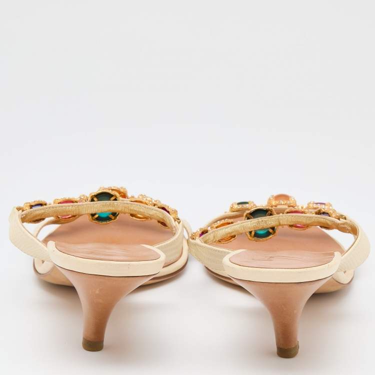 Pre Owned Giuseppe Zanotti Cream Lizard Embossed Leather Embellished Slide Sandals Size 41