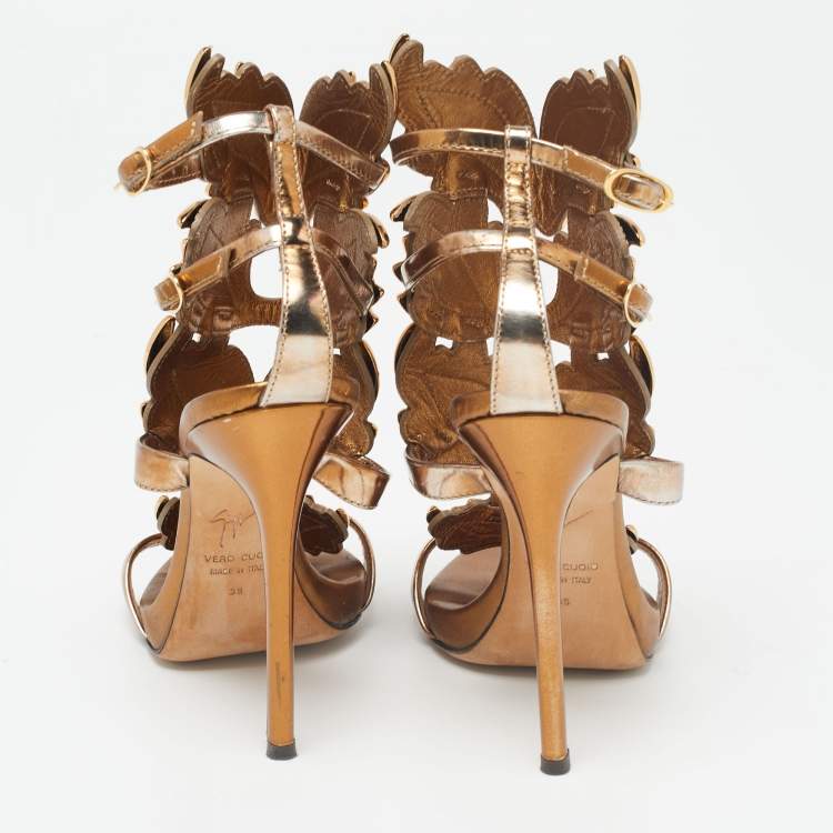 Pre Owned Giuseppe Zanotti Bronze Leather Argent Metal Wing Ankle-Strap Sandals Size 35