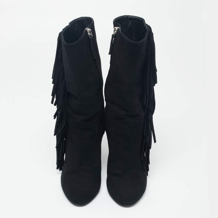 Pre Owned Giuseppe Zanotti Black Suede Fringe Detail Mid-Calf Boots Size 37