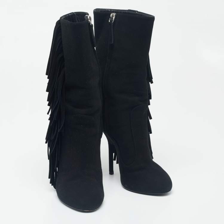 Pre Owned Giuseppe Zanotti Black Suede Fringe Detail Mid-Calf Boots Size 37