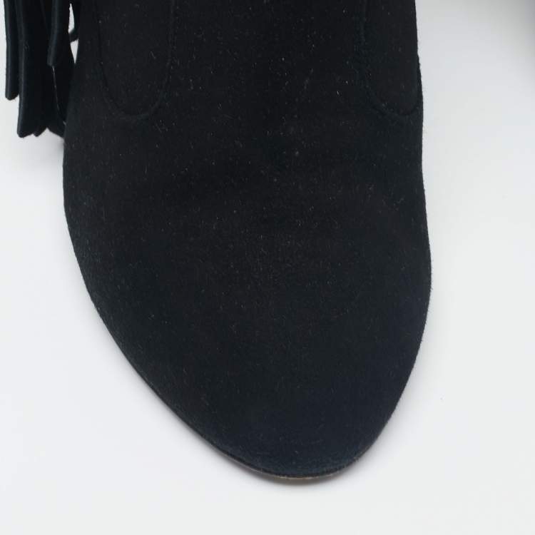 Pre Owned Giuseppe Zanotti Black Suede Fringe Detail Mid-Calf Boots Size 37