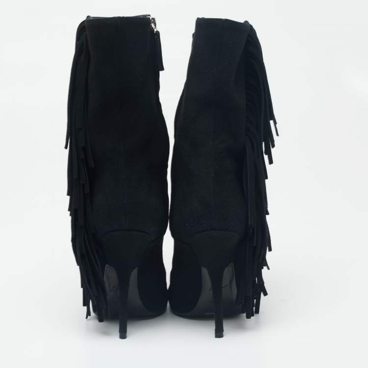 Pre Owned Giuseppe Zanotti Black Suede Fringe Detail Mid-Calf Boots Size 37
