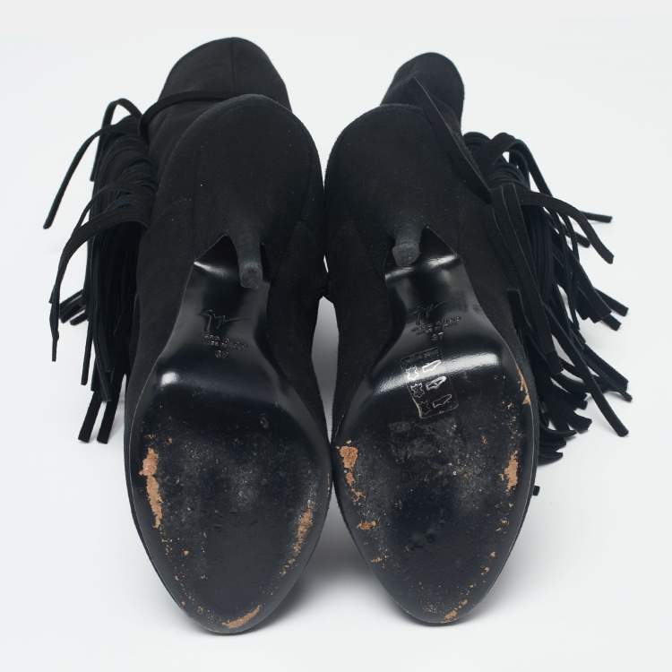 Pre Owned Giuseppe Zanotti Black Suede Fringe Detail Mid-Calf Boots Size 37