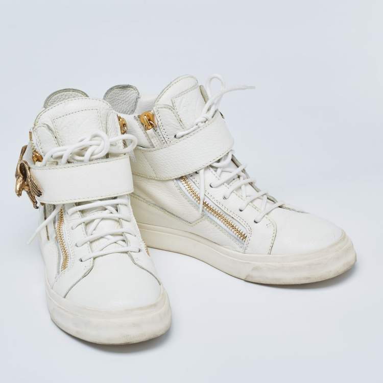 Pre Owned Giuseppe Zanotti White Leather Embellished High Top Sneakers Size 38.5