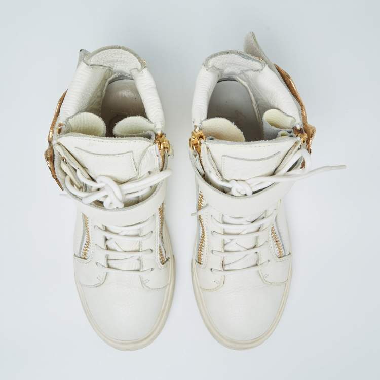 Pre Owned Giuseppe Zanotti White Leather Embellished High Top Sneakers Size 38.5