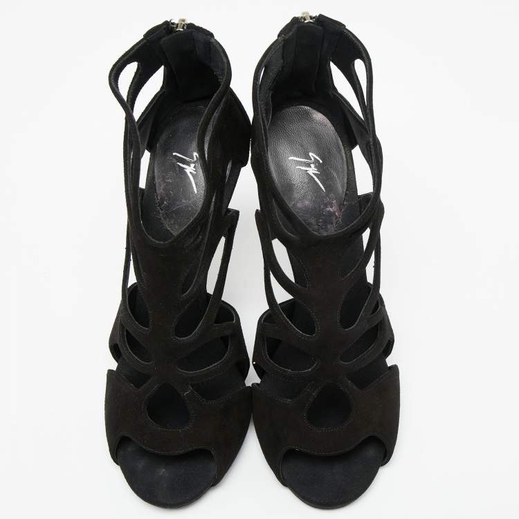 Pre Owned Giuseppe Zanotti Black Suede Butterfly Cutout Sandals Size 38