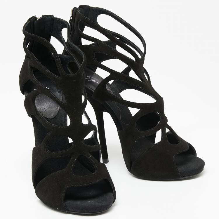 Pre Owned Giuseppe Zanotti Black Suede Butterfly Cutout Sandals Size 38