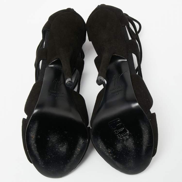 Pre Owned Giuseppe Zanotti Black Suede Butterfly Cutout Sandals Size 38