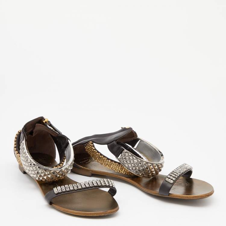 Pre Owned Giuseppe Zanotti Brown Leather Embellished Flat Ankle Cuff Sandals Size 40