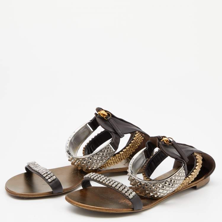 Pre Owned Giuseppe Zanotti Brown Leather Embellished Flat Ankle Cuff Sandals Size 40