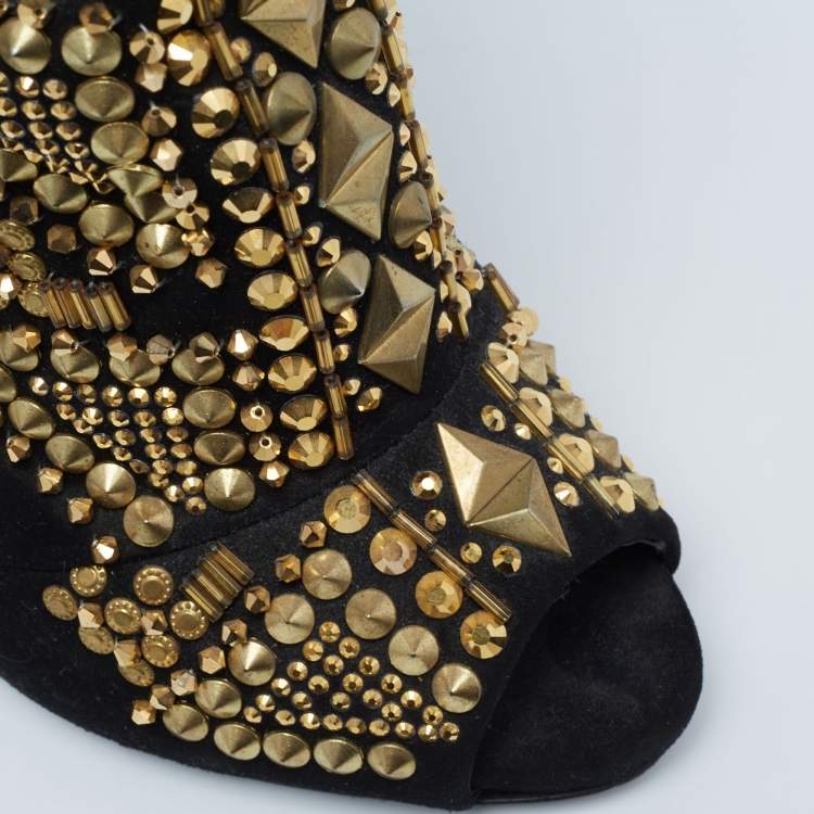 Pre Owned Giuseppe Zanotti Black Suede And Leather Studded Cutout Peep Toe Ankle Boots Size 38