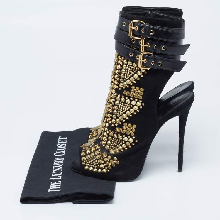 Pre Owned Giuseppe Zanotti Black Suede And Leather Studded Cutout Peep Toe Ankle Boots Size 38