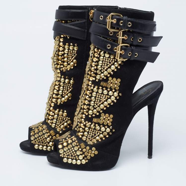 Pre Owned Giuseppe Zanotti Black Suede And Leather Studded Cutout Peep Toe Ankle Boots Size 38