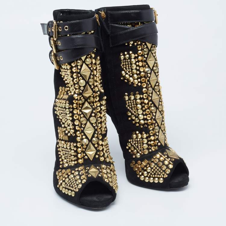 Pre Owned Giuseppe Zanotti Black Suede And Leather Studded Cutout Peep Toe Ankle Boots Size 38