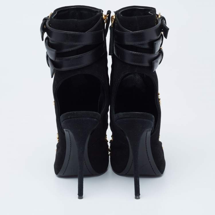 Pre Owned Giuseppe Zanotti Black Suede And Leather Studded Cutout Peep Toe Ankle Boots Size 38