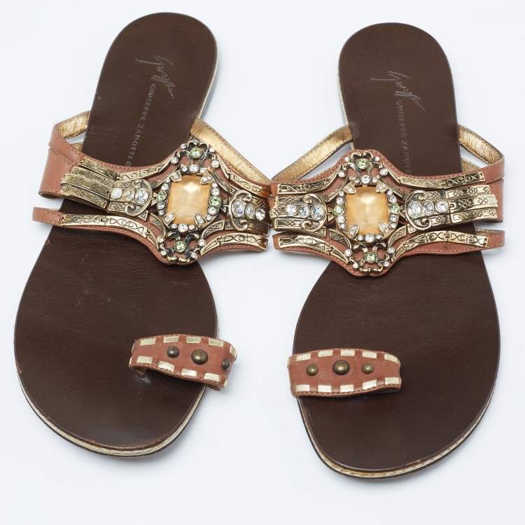Pre Owned Giuseppe Zanotti Brown Leather Embellished Flat Sandals Size 39