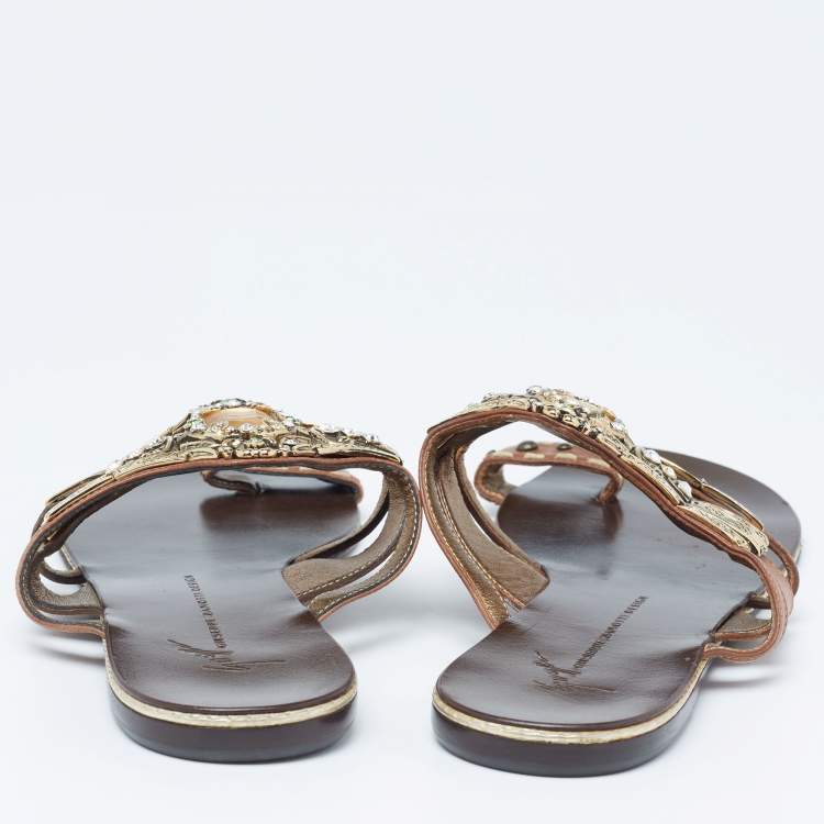 Pre Owned Giuseppe Zanotti Brown Leather Embellished Flat Sandals Size 39