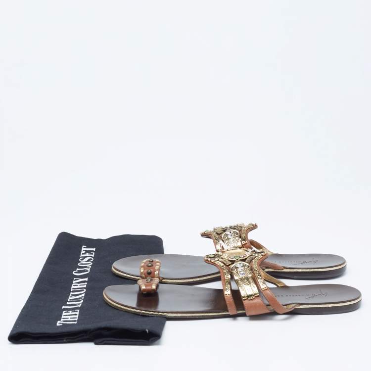 Pre Owned Giuseppe Zanotti Brown Leather Embellished Flat Sandals Size 39