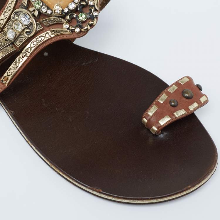 Pre Owned Giuseppe Zanotti Brown Leather Embellished Flat Sandals Size 39