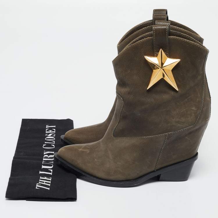 Pre Owned Giuseppe Zanotti Olive Green Nubuck Leather  Star Embellished Pointed Toe Boots Size 37