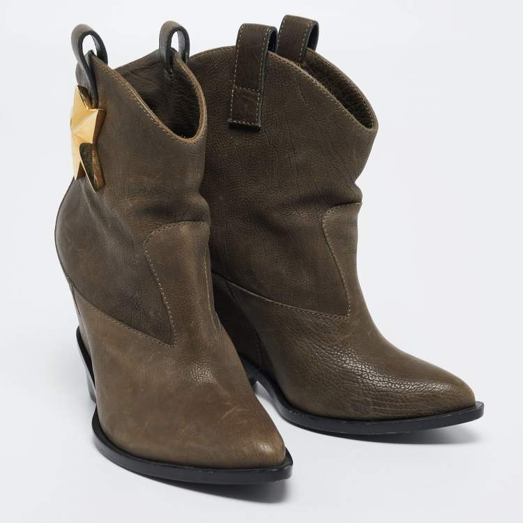 Pre Owned Giuseppe Zanotti Olive Green Nubuck Leather  Star Embellished Pointed Toe Boots Size 37