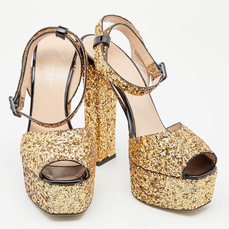 Pre Owned Giuseppe Zanotti Gold Coarse Glitter Ankle Strap Platform Sandals 38