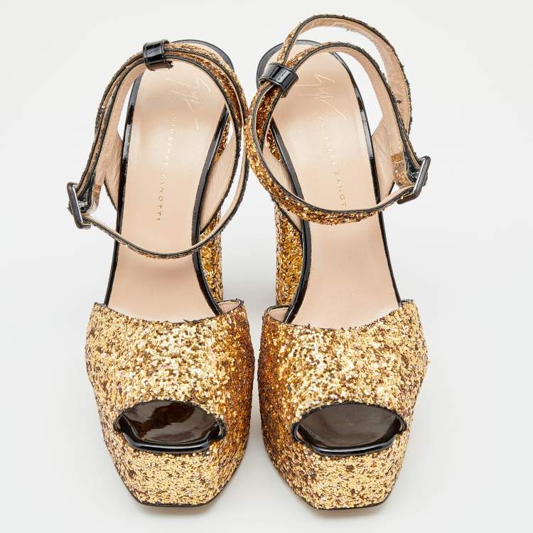 Pre Owned Giuseppe Zanotti Gold Coarse Glitter Ankle Strap Platform Sandals 38